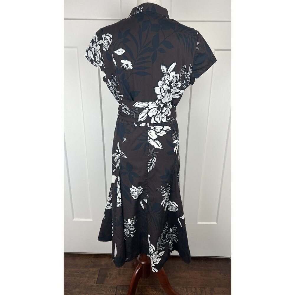 Talbots Fit & Flare Dress 12 Brown Cream Floral Faux Wrap Belted Midi - Picture 5 of 10